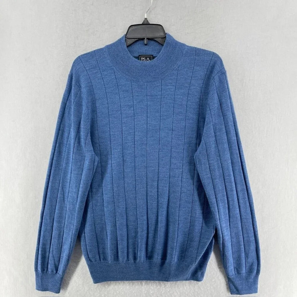 Jos A Bank Sweater Men's M Steal Blue Pullover Ribbed Knit Round Neck Stretch - Picture 1 of 9
